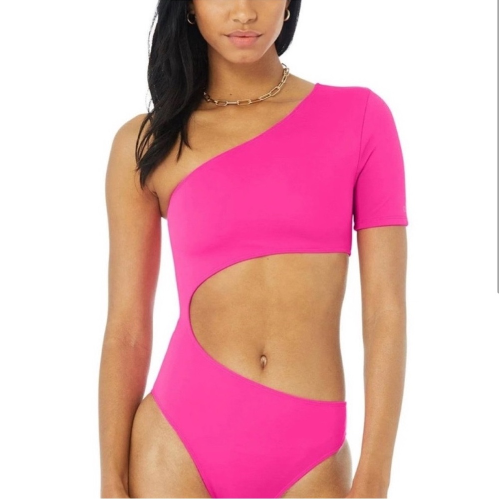 ALO Yoga Pink Asymmetrical One-Piece Swimsuit, Bodywave Neon Pink size small